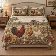 Chicken Rooster Barn Farmhouse quilt design with coordinating pillow shams