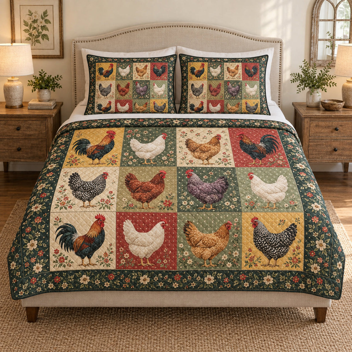 Farmhouse Chicken Patchwork quilt design with coordinating pillow shams