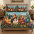 Colorful Rooster Wildflower Meadow Quilt Set