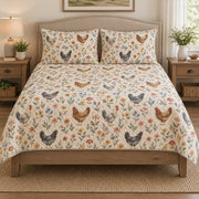 Chicken Wildflower Mushroom Farmhouse quilt design with coordinating pillow shams