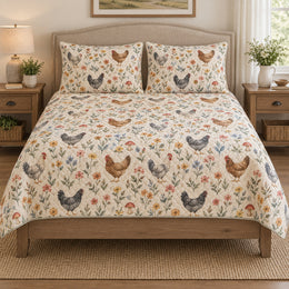 Chicken Wildflower Mushroom Farmhouse Quilt Set