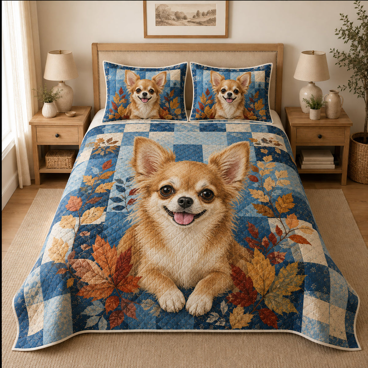 Chihuahua autumn patchwork quilt bedding set