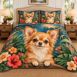 Chihuahua Tropical Quilt Set, Floral Bedding Gift for Chihuahua Owners