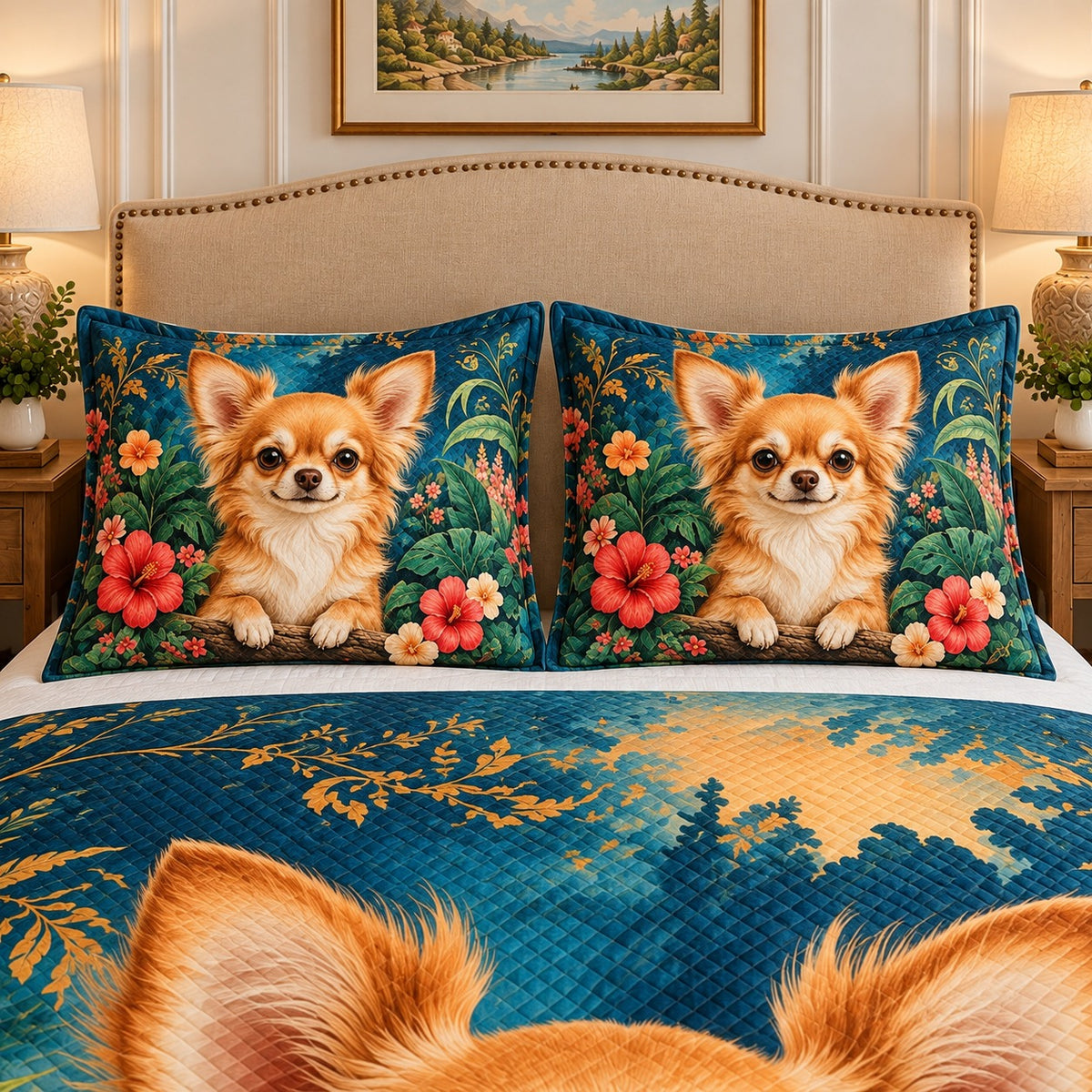 Chihuahua tropical floral quilt set, view 2, AI-generated product mockup