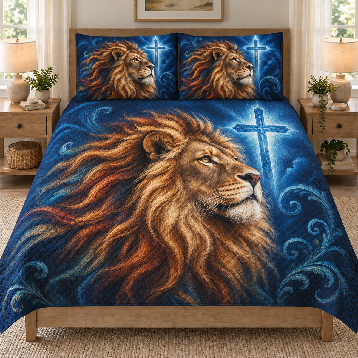 Christian Lion Cross Blue quilt set displayed on a bed with coordinating pillow shams