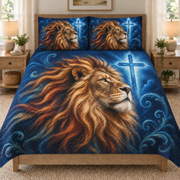 Christian Lion Cross Blue Quilt Set