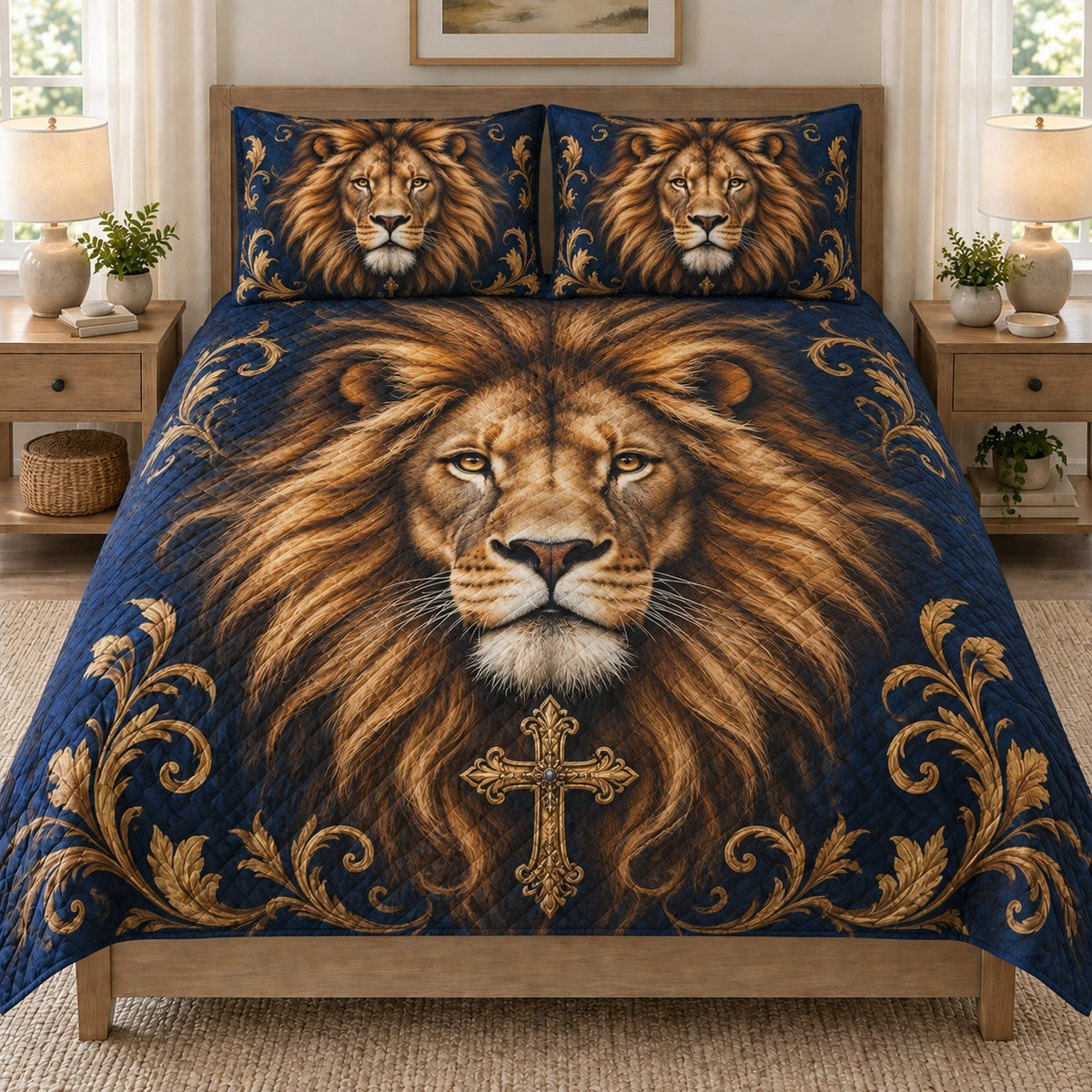 Christian Lion Cross Navy quilt set displayed on a bed with coordinating pillow shams