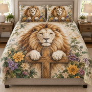 Christian Lion Floral Cross quilt set displayed on a bed with coordinating pillow shams