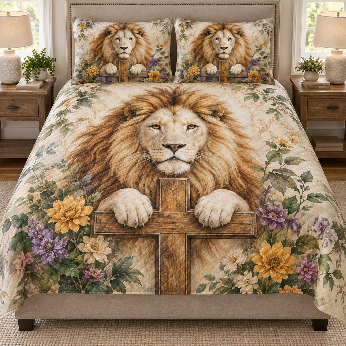 Christian Lion Floral Cross quilt set displayed on a bed with coordinating pillow shams