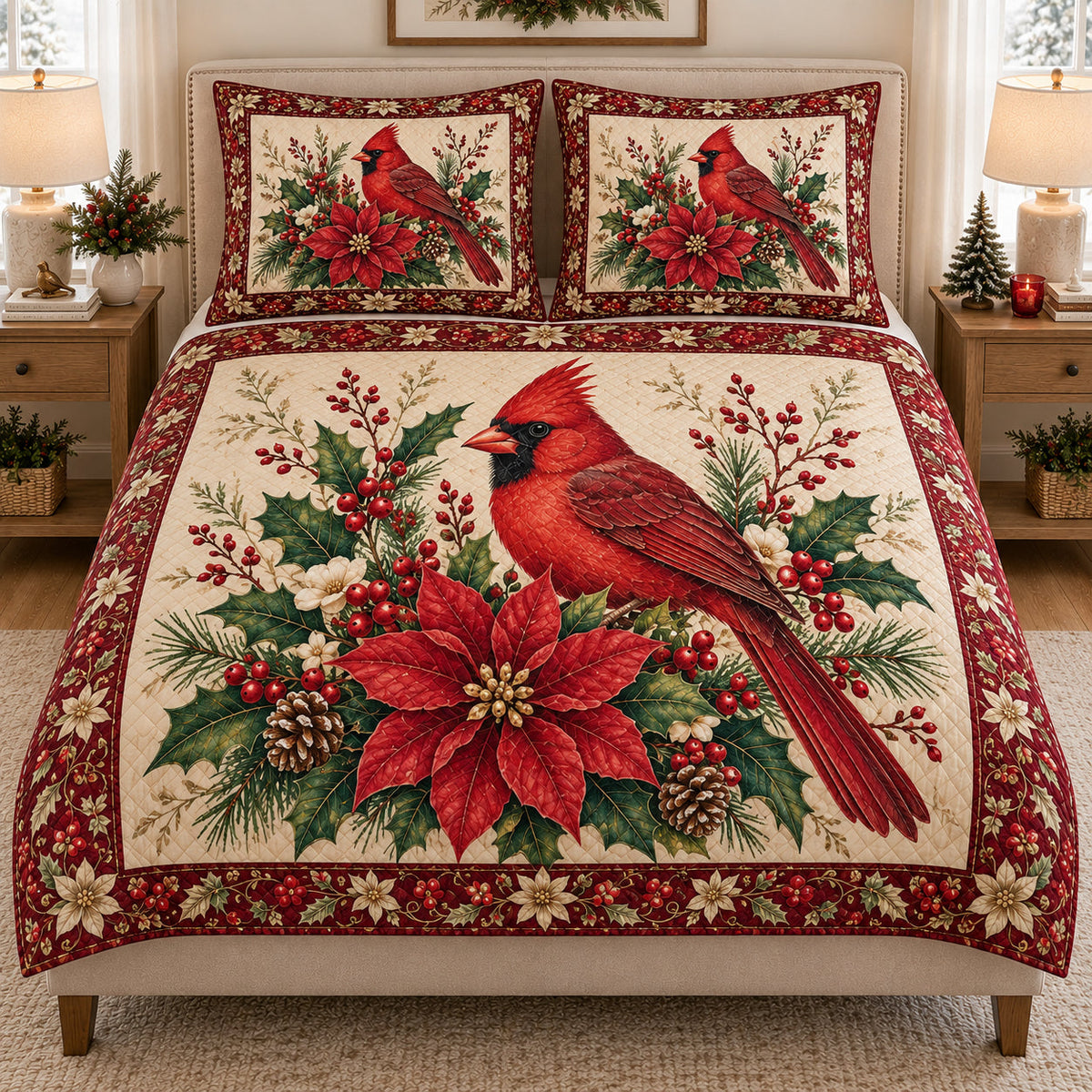 Christmas Cardinal Floral Wreath quilt design with coordinating pillow shams