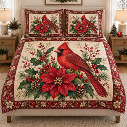 Christmas Cardinal Floral Wreath Quilt Set