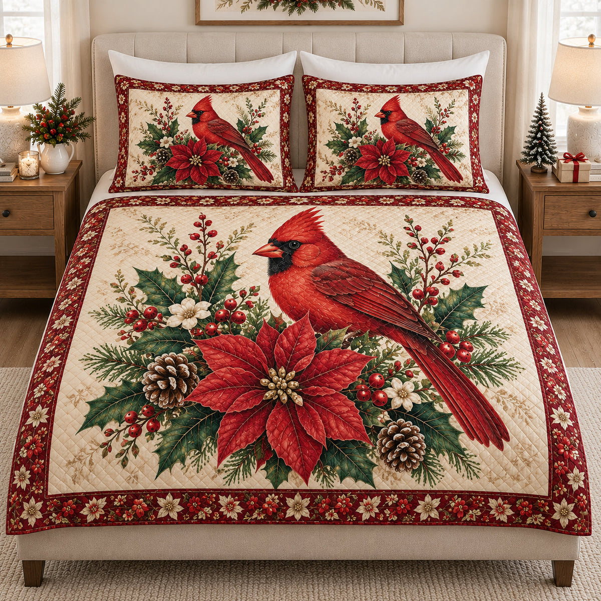 Christmas Cardinal Pinecone Poinsettia quilt design with coordinating pillow shams