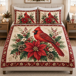Christmas Cardinal Pinecone Poinsettia Quilt Set