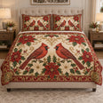 Christmas Cardinal Pair Poinsettia Quilt Set