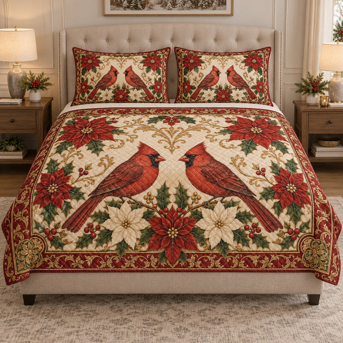 Christmas Cardinal Pair Poinsettia quilt design with coordinating pillow shams