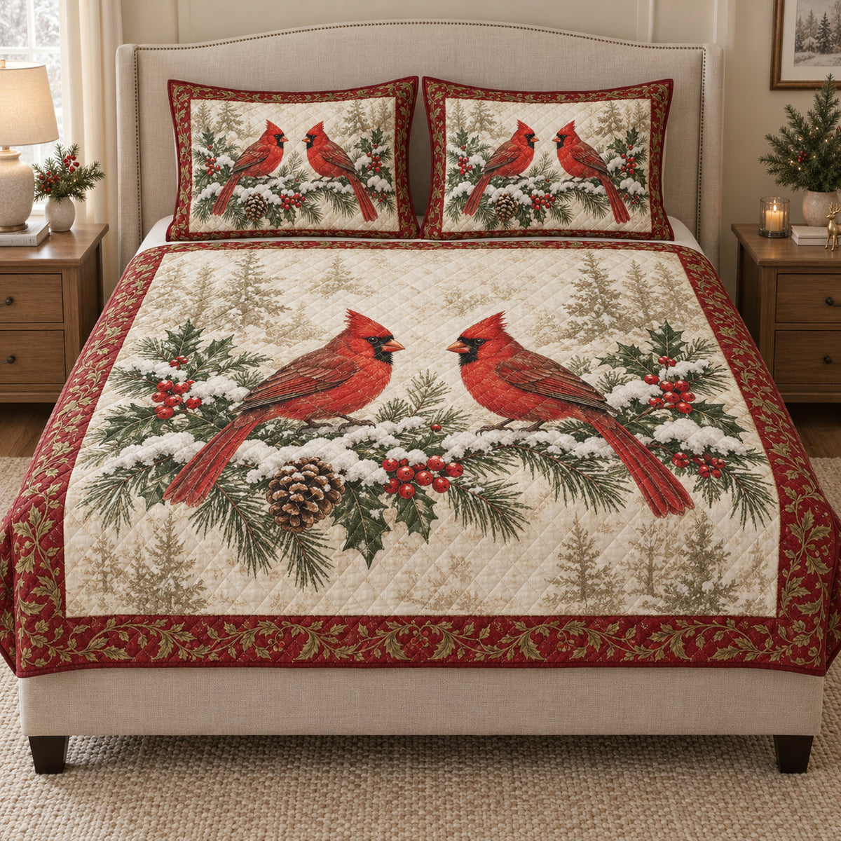 Christmas Cardinal quilt design with coordinating pillow shams