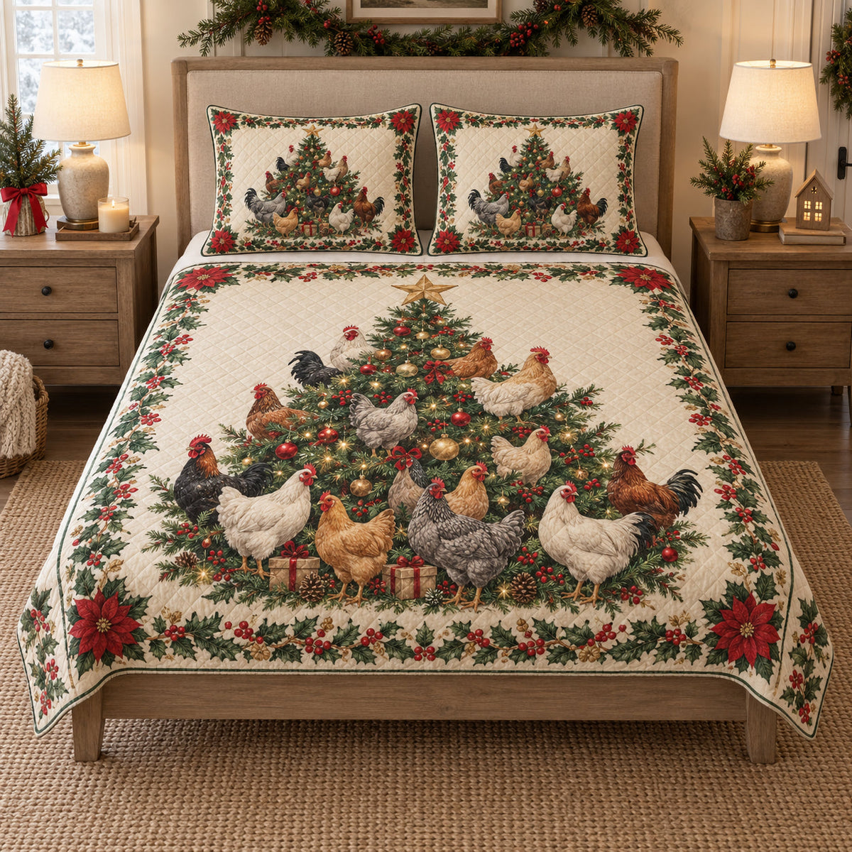 Christmas Chicken Tree and Poinsettia Farmhouse quilt design with coordinating pillow shams