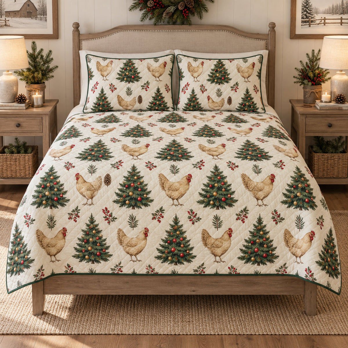 Christmas Chicken Evergreen Farmhouse quilt design with coordinating pillow shams