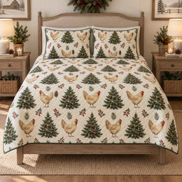 Christmas Chicken Evergreen Farmhouse Quilt Set