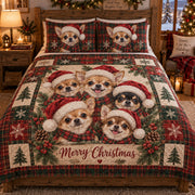 Christmas Chihuahua Quilt Set with Shams: bedroom mockup showing the quilt design and coordinating pillow shams