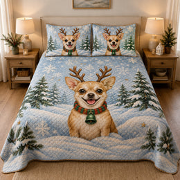 Christmas Chihuahua Reindeer Winter Quilt Set