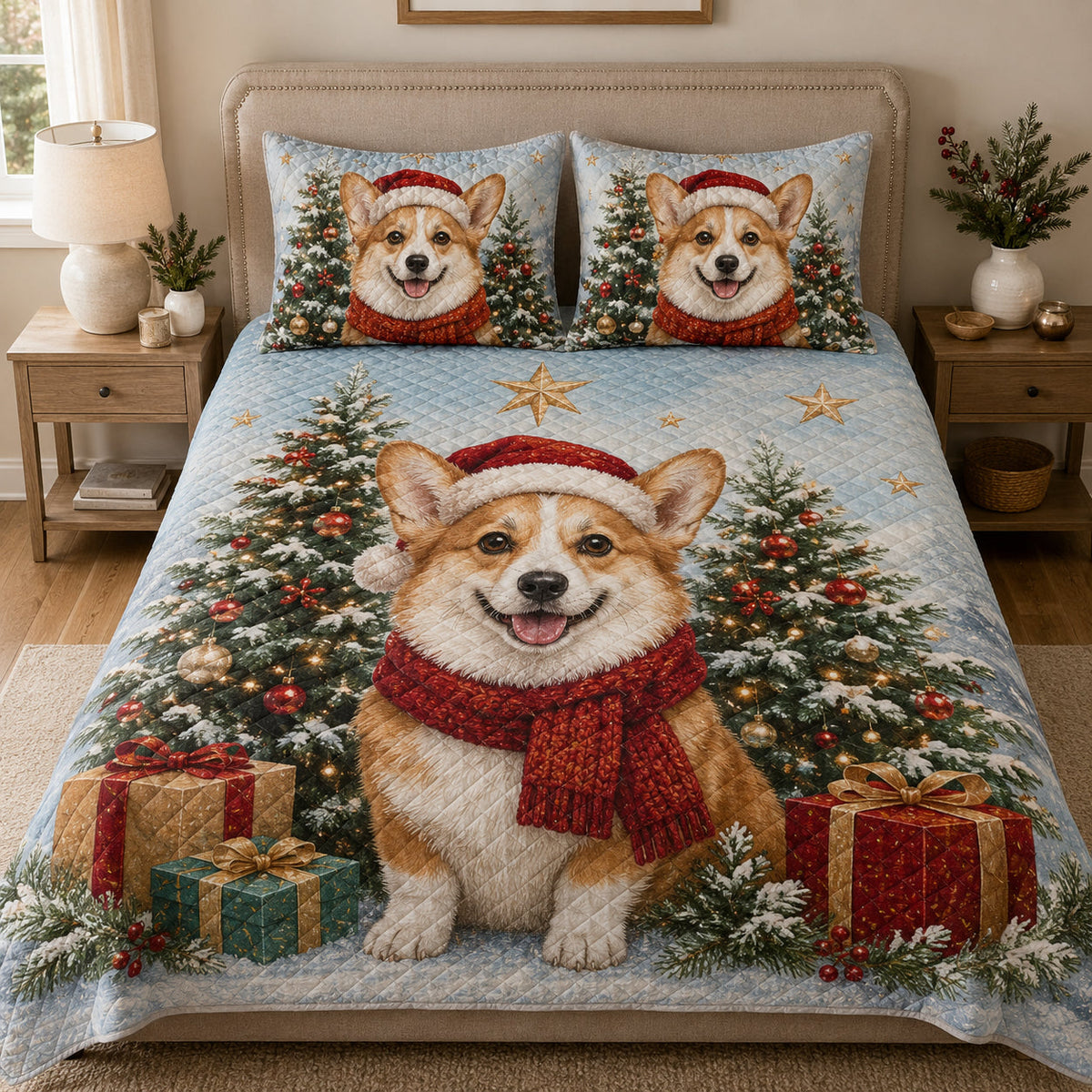Christmas Corgi quilt design featuring santa hat dog with coordinating pillow shams