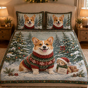 Corgi Christmas quilt design with coordinating pillow shams