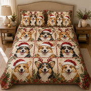 Christmas Corgi quilt design featuring santa and reindeer dogs with coordinating pillow shams