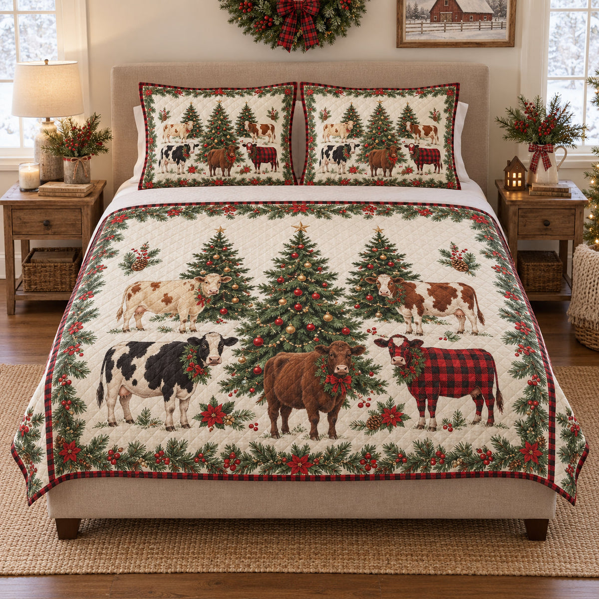 Christmas Cow Farmhouse Holiday quilt design with coordinating pillow shams