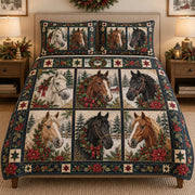 Christmas Horse Floral Holiday quilt design with coordinating pillow shams