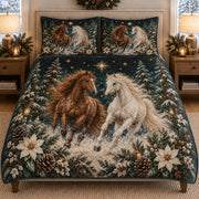 Christmas Horse Winter Forest quilt design with coordinating pillow shams