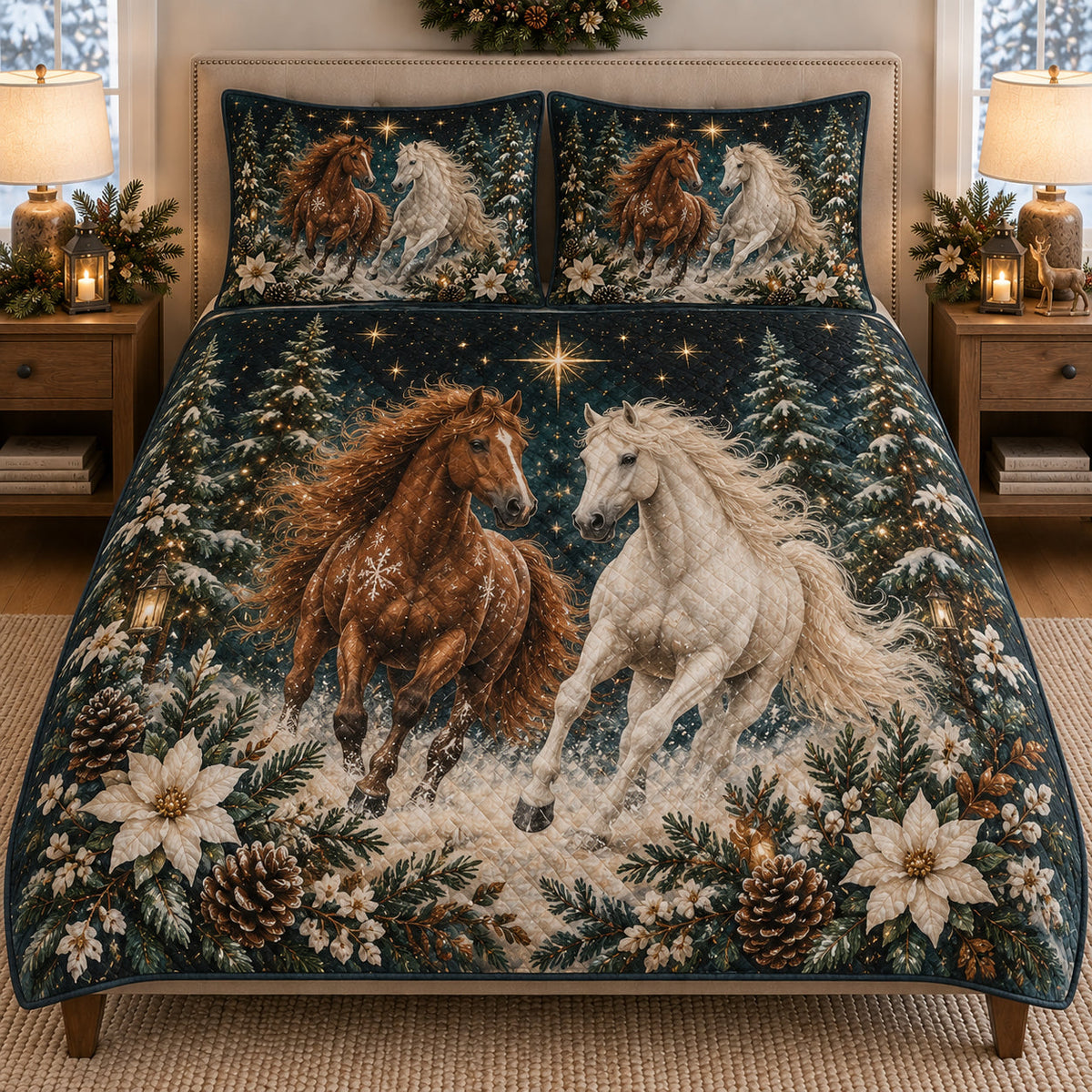 Christmas Horse Winter Forest quilt design with coordinating pillow shams