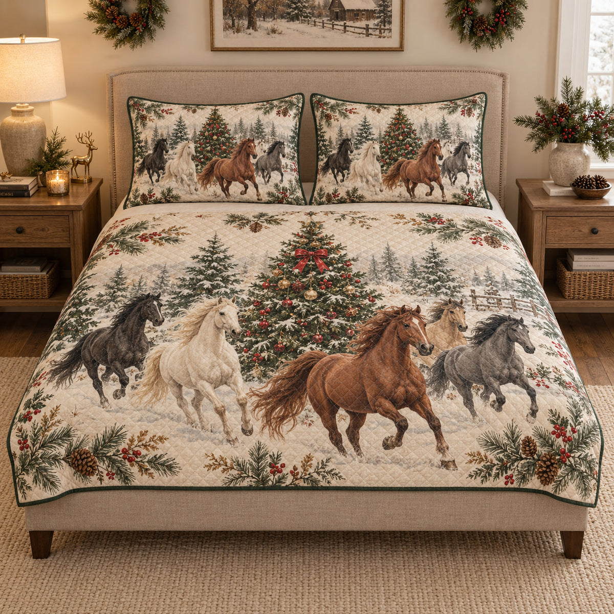 Christmas Horse Winter Holiday quilt design with coordinating pillow shams