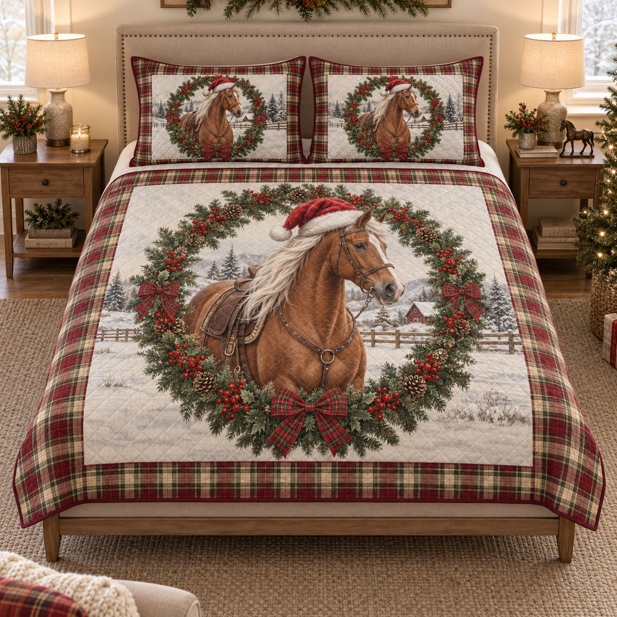 Christmas Horse Wreath Holiday quilt design with coordinating pillow shams