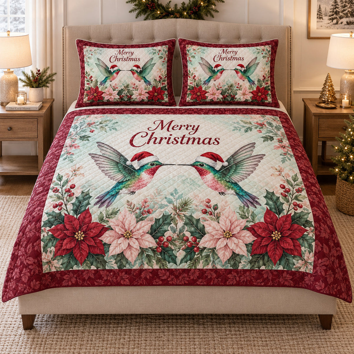 Christmas Hummingbird Poinsettia quilt design with coordinating pillow shams