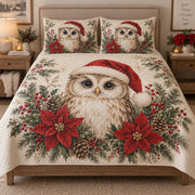 Christmas Owl Poinsettia Quilt Set: bedroom mockup showing the quilt design and coordinating pillow shams