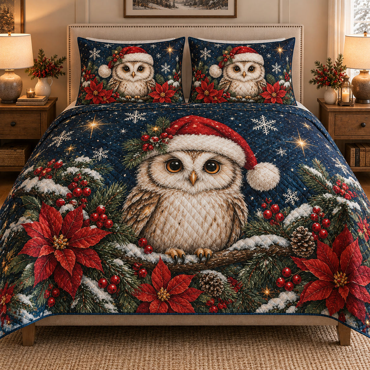 Christmas Owl Poinsettia Winter Quilt Set: bedroom mockup showing the quilt design and coordinating pillow shams
