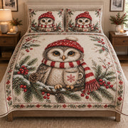 Christmas Owl Winter Coffee Quilt Set: bedroom mockup showing the quilt design and coordinating pillow shams