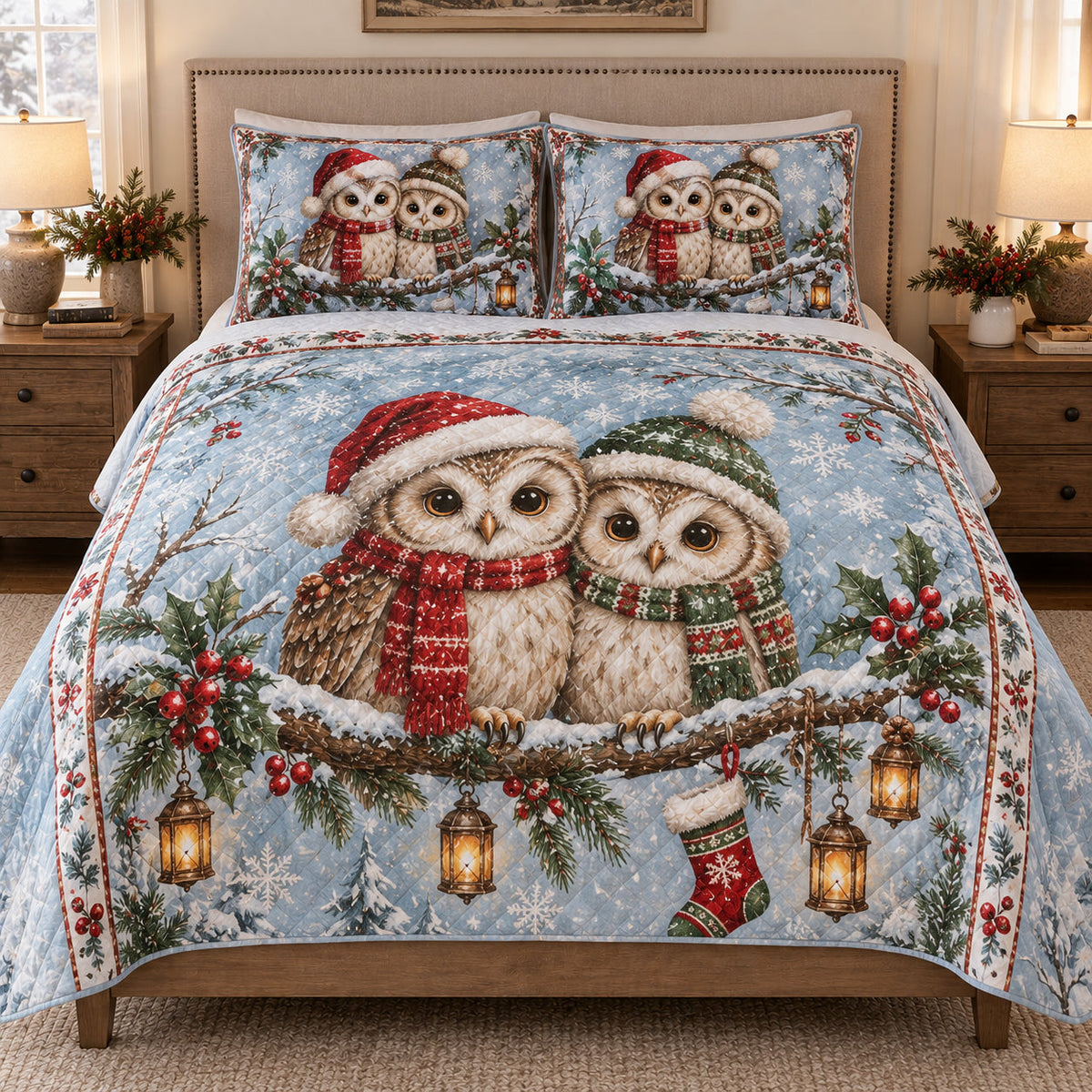 Christmas Owl Winter Holiday Quilt Set: bedroom mockup showing the quilt design and coordinating pillow shams