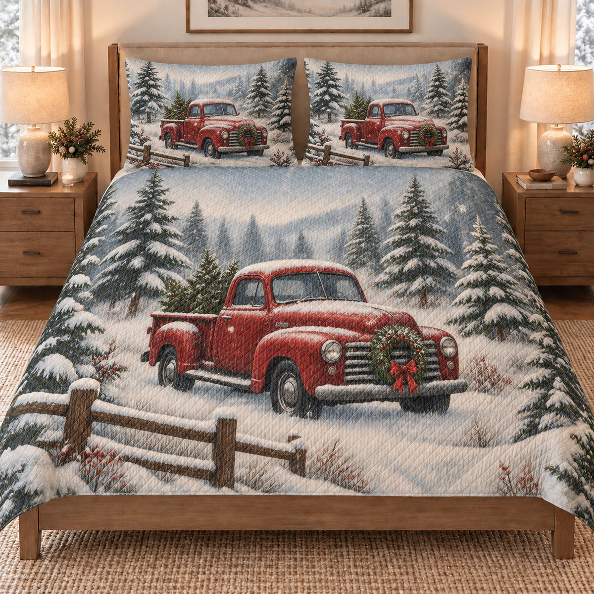 Christmas Red Truck Snowy Forest quilt set displayed on a bed with coordinating pillow shams