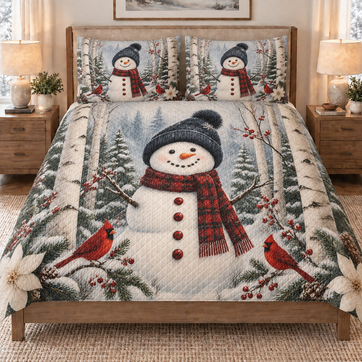 Christmas Snowman Cardinal Forest quilt set displayed on a bed with coordinating pillow shams