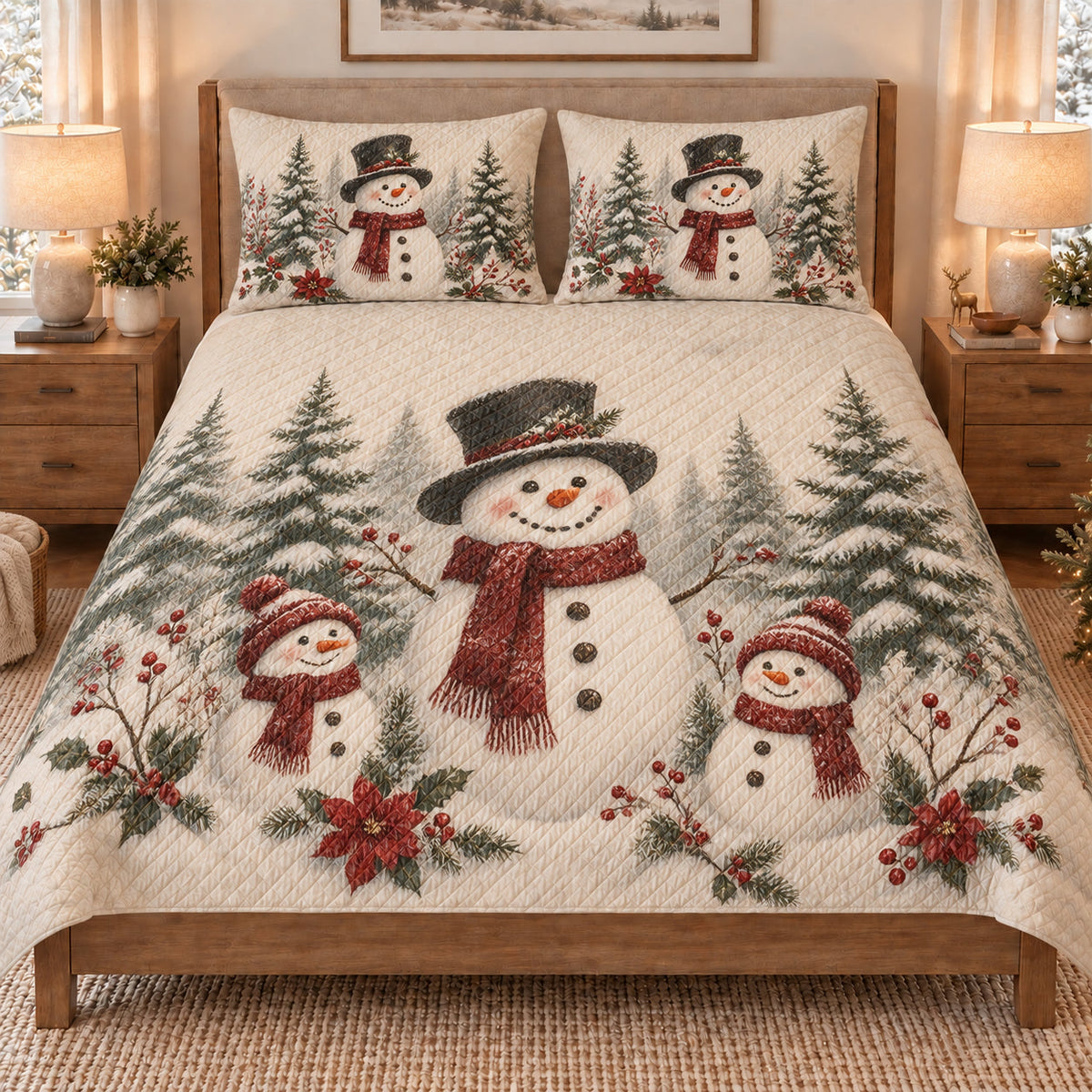 Christmas Snowman Family Forest quilt set displayed on a bed with coordinating pillow shams