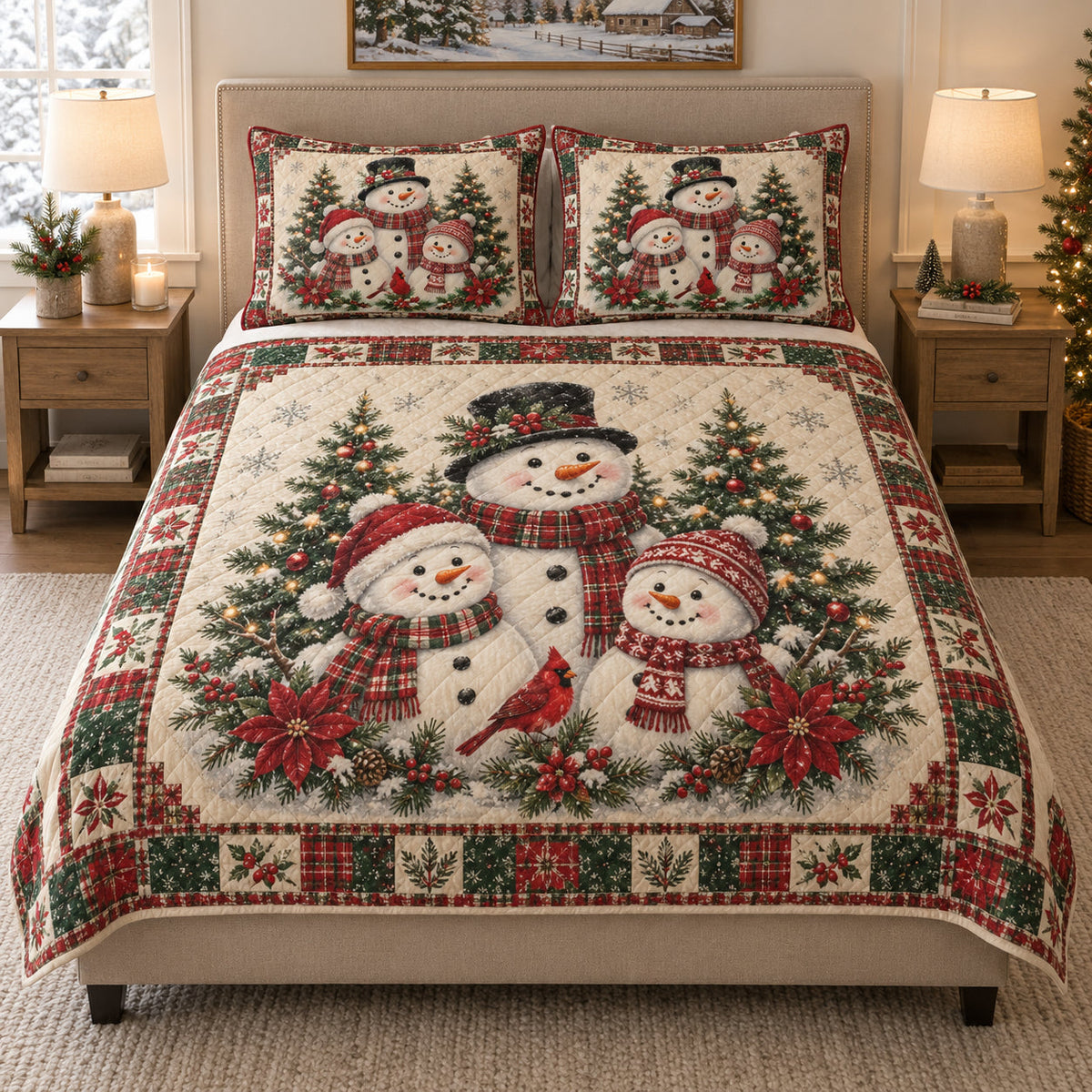 Christmas Snowman Family quilt design with coordinating pillow shams