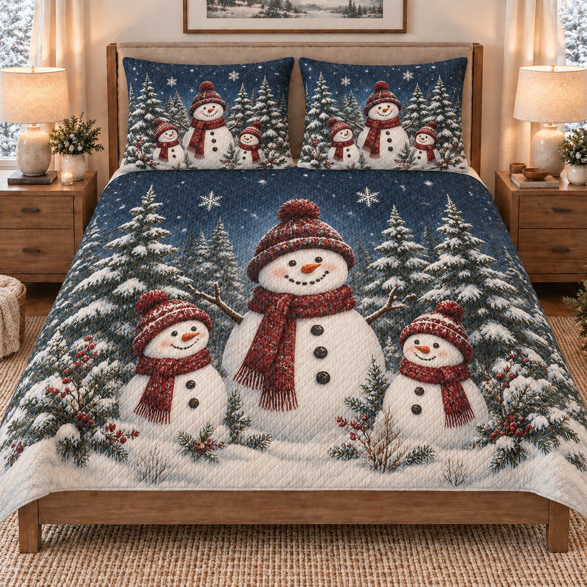 Christmas Snowman Family Winter quilt set displayed on a bed with coordinating pillow shams