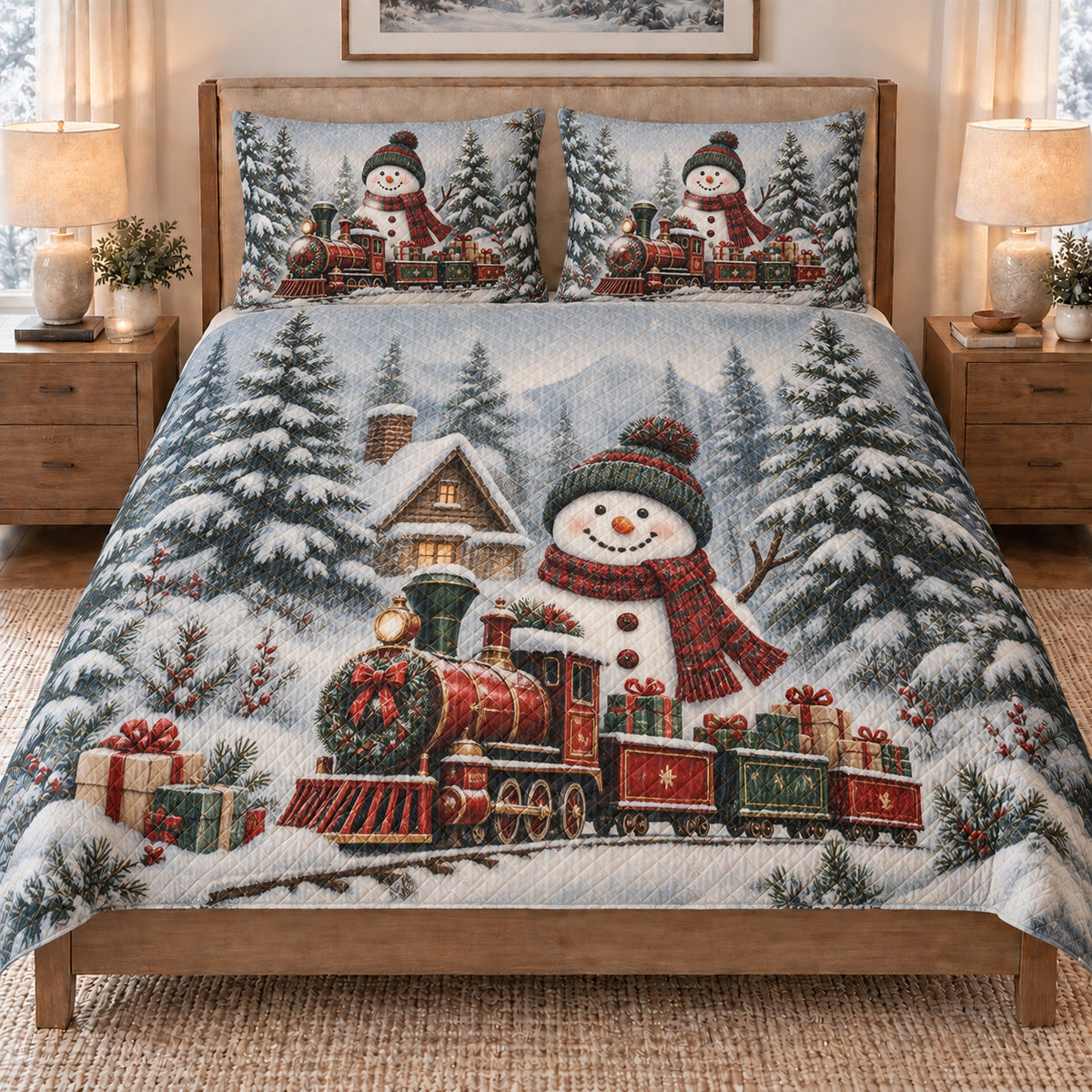 Christmas Snowman Train Winter quilt set displayed on a bed with coordinating pillow shams