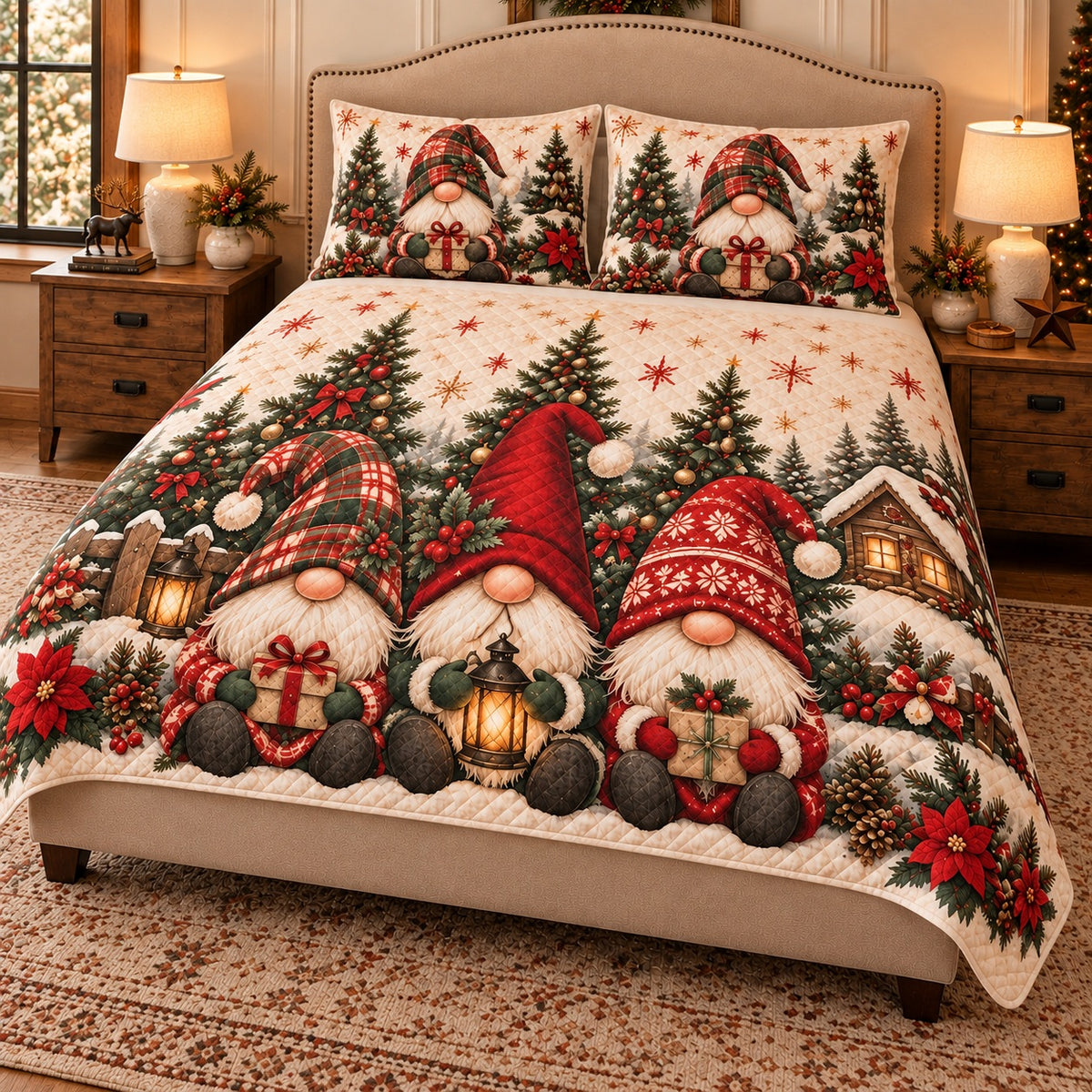 AI mockup, angled view of the Christmas gnome quilt set and single-gnome pillow covers.