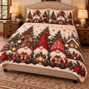 AI mockup, angled view of the Christmas gnome quilt set and single-gnome pillow covers.