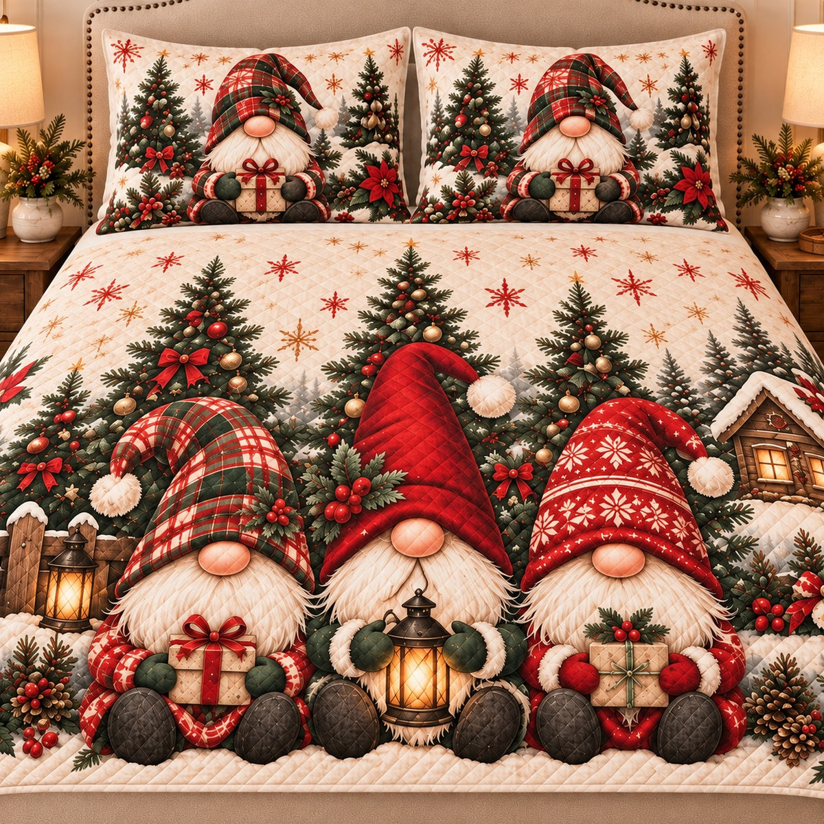 AI mockup, closer front view of tartan and red gnome hats, gifts, lantern and diamond quilting.