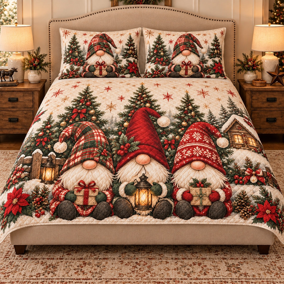 AI mockup, front hero view of three Christmas gnomes with gifts and a lantern on a cream quilt set.
