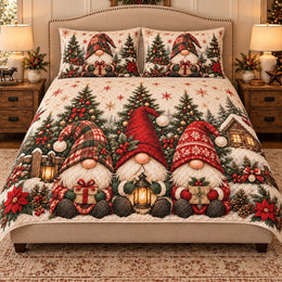 Christmas Gnome Quilt Set, Tartan Hats and Lantern Winter Bedding, Gift for Gnome Lovers